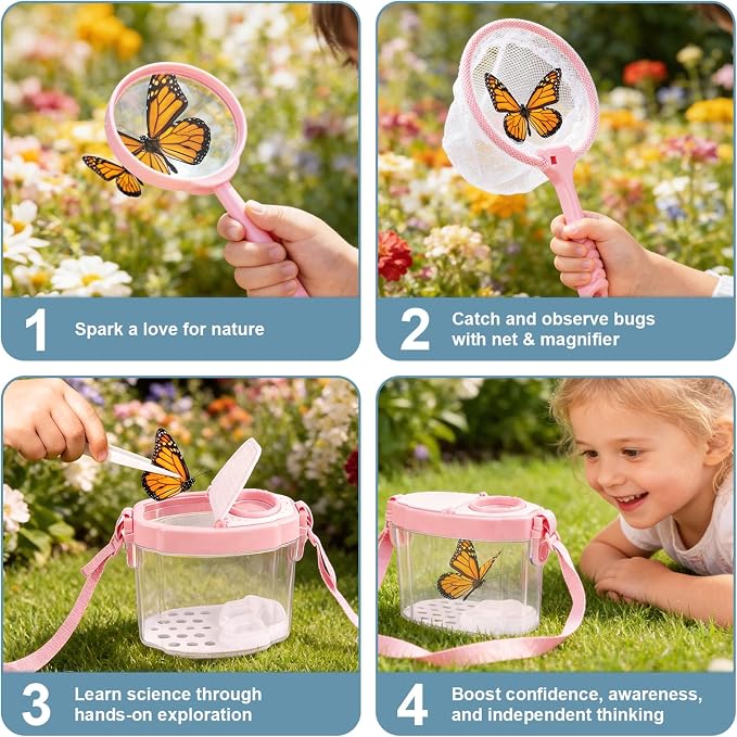 Dreamon Kids Gardening Set, 14Pcs Kids Gardening Tool with Bug Catching Kit | 2-in-1 Outdoor Toys with Wheelbarrow and Bug House, STEM Educational Toys for 3 4 5 Year Old Girls Boys Birthday Gifts, Pink