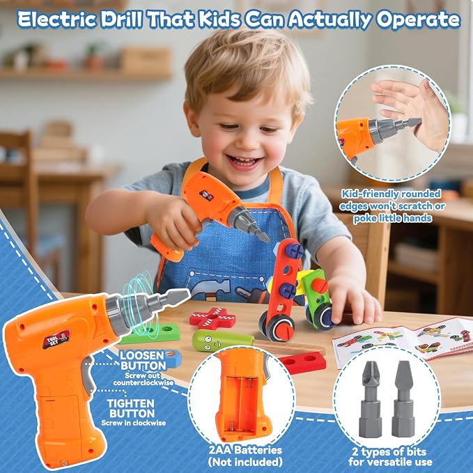 Wooden Kids Tool Set with Drill, Montessori Toys for 3 Year Old Boys | 44 Pcs with Apron & Box Easy Storage STEM Tool Set for Pretend & Fine Motor Skills Birthday Gifts for 3 4 5 Year Old Boy Girl