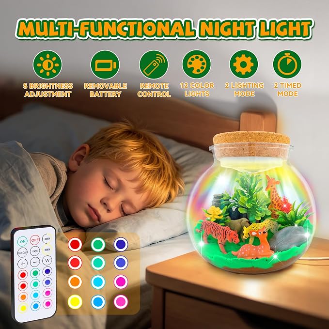 7july Animal Terrarium Crafts Kit for Kids-LED Night Light Up & Remote Birthday Gifts Toys for Girls Ages5 6 7 8 9 10 Year Old