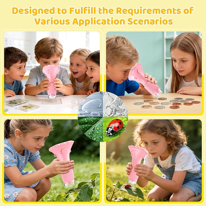 Kids Magnifying Glass, 2.0 Inch Digital Screen Mini Pocket Microscope for Bug - 200x Zoom Handheld Microscope with Adjustable Lights, Edu Birthday Gifts for Age 3-12 Girls