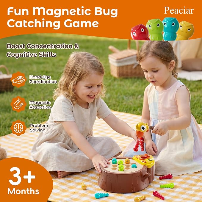 Magnetic Bird Feeding Game, Fine Motor Skills Ages 3-5 Birthday Girls Gift | Woodpecker Worm Catching Game, Montessori Educational Toy, 2 Speeds with Music, Safe Materials Ideal Gift for Toddlers 3-5
