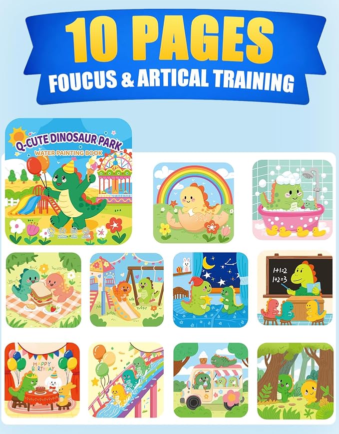 KONLE Reusable Water Painting Books, 10 Pages Dinosaur Coloring Books | Mess Free Coloring Book for Toddlers 1-3, Travel Gift for Boys & Girls, Educational Art Activity, Montessori Art