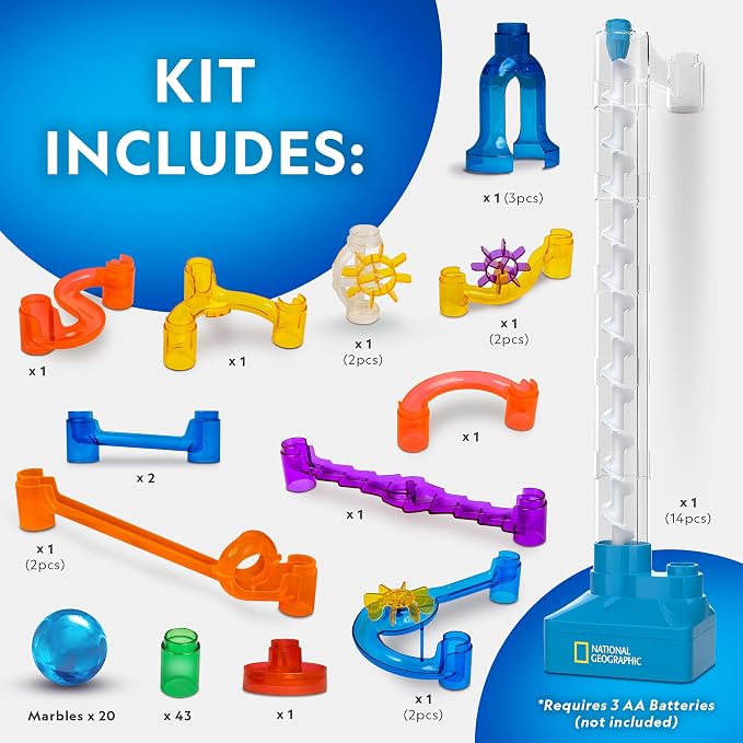 National Geographic Marble Run Building Set with Motorized Elevator | 20 Marbles, Perpetual Motion Machine, Marble Maze, Physics Learning, Storage Bag, STEM Toy, Creative Construction