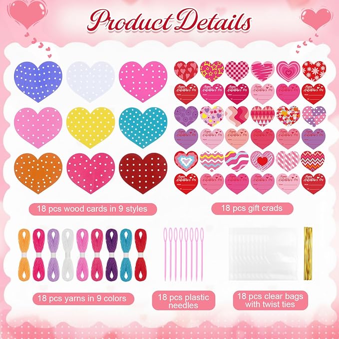 Capoda 18 Sets Valentines Gifts Bulk Lacing Cards Educational Threading Toy for Wooden Lacing Card Toys with Colorful Threads for Develop Imagination Early Education Learning Activity(Valentines)