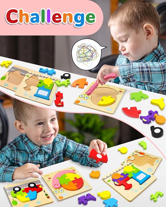 Wooden Toddler Puzzles Gifts Montessori Toys for 1 2 3 Years Old Boys Girls | 8 Vehicle Shape Puzzles, Boy Birthday Gift, Montessori Toys Educational Blocks for Toddlers 1-3, 2-4, Baby Learning Toys
