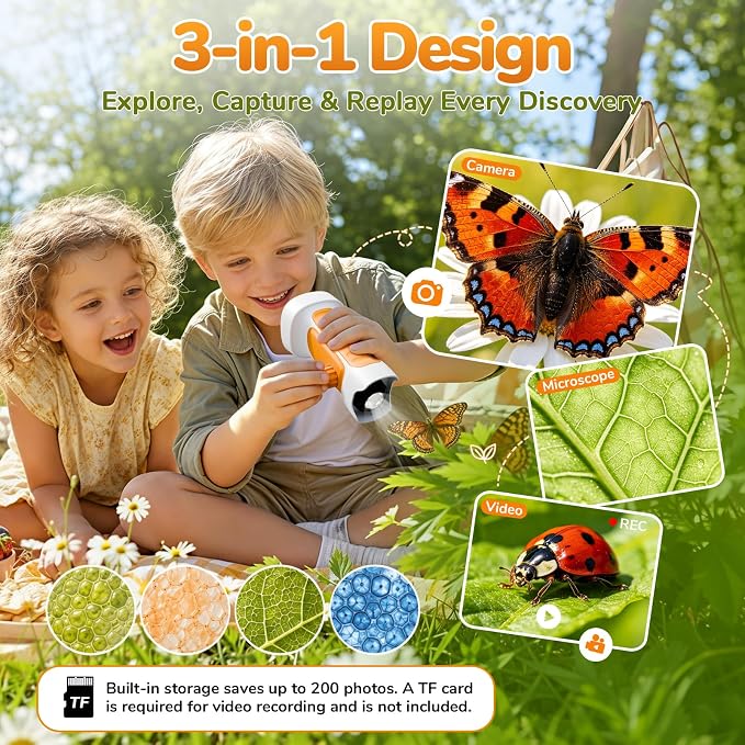 1000X Handheld Digital Microscope for Kids with 2.4" IPS Screen (Orange) | Portable Educational STEM Microscope Toy with Photo/Video, 8 LEDs, Manual Focus, Rechargeable for Ages 4-12 Boys & Girls