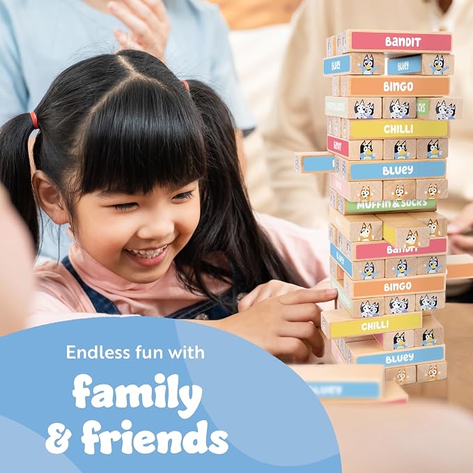 Bluey Tumbling Tower Game, 54 Illustrated Wooden Blocks, Ages 3+