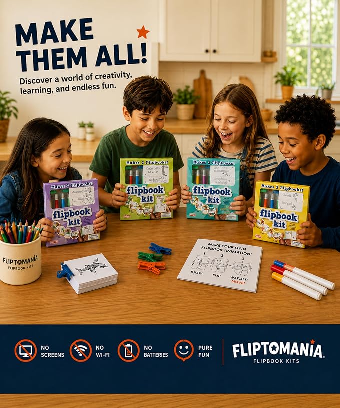Fliptomania Flipbook Make-Your-Own Flip Book Kit for Kids 3 Pack, Butterfly, Frog, & Blank DIY Flipbook Paper, Drawing Kids Arts & Crafts Project Set, Boys and Girls Arts and Crafts for Kids Ages 8-12