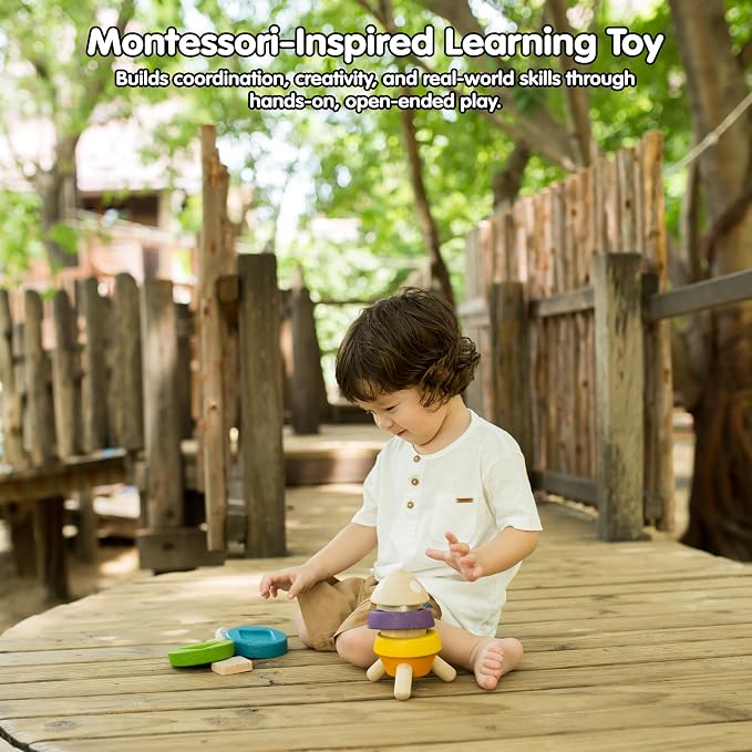 PlanToys® Wooden Stacking Rocket Toy for Toddlers, Montessori STEM Learning | wooden stacking rocket, montessori STEM learning, colorful rocket stacker, fine motor skill problem solving, preschool gift k