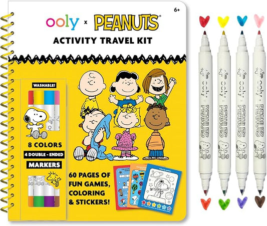 Ooly Peanuts Officially Licensed Coloring Travel Kit, 60-Page Activity Book | Ages 6+, Featuring Snoopy & Charlie Brown, Includes 4 Double-Ended Markers, 2 Sticker Sheets, Puzzles & Games, Gift for Kids
