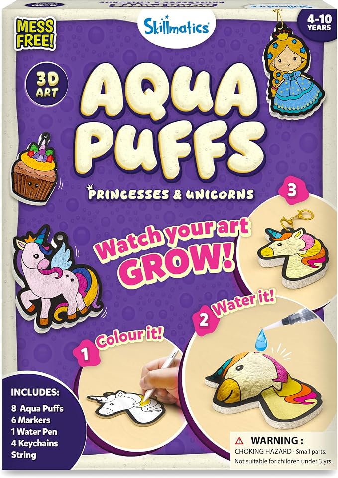 Skillmatics 3D Art Kit - Aqua Puffs, Princesses & Unicorns, Mess-Free Fun, Magical Craft Activity, Travel Toys, DIY Decor, Creative Gifts for Girls & Boys Ages 4, 5, 6, 7, 8, 9, 10 | Painting Craft for Kids, DIY Colour Activity, Screen-Free Fun, Gift f...