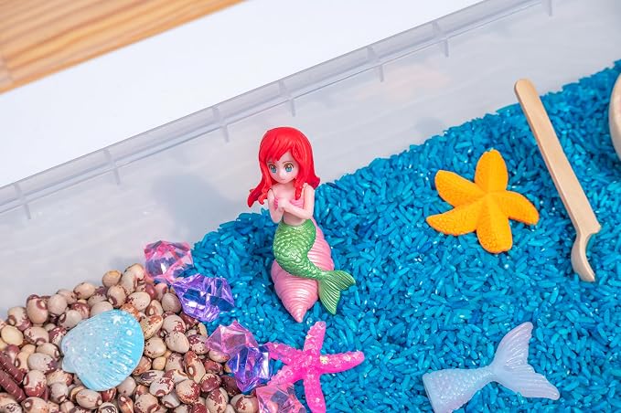 Mermaid Sensory Bin Kit for Kids | Blue Rice, Pinto Beans, Mermaids, Gems, Shells & Treasure Chest – Ocean-Themed Sensory Play with Storage Bin