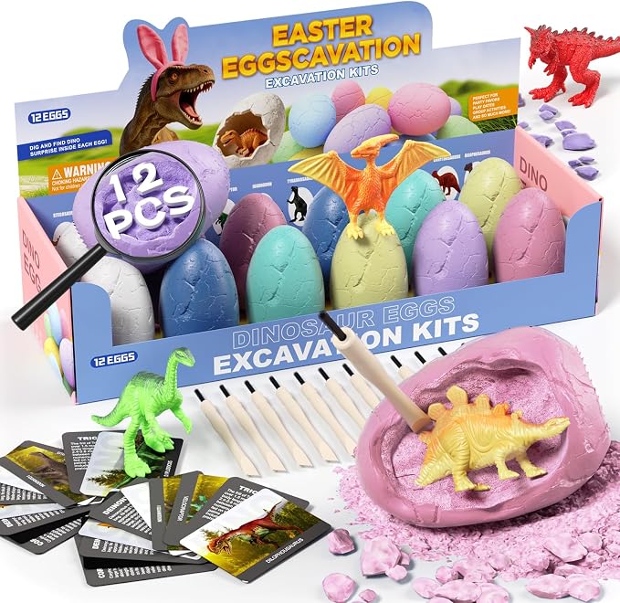 12 Pack Colorful Dinosaur Eggs, Excavation Kit with Learning Cards | STEM Science Toy for Kids, Easter Basket Stuffers, Party Favors, Birthday Gifts Classroom Activities for Boys Girls Age 3+