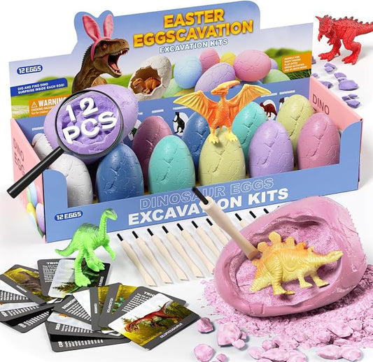 12 Pack Colorful Dinosaur Eggs, Excavation Kit with Learning Cards | STEM Science Toy for Kids, Easter Basket Stuffers, Party Favors, Birthday Gifts Classroom Activities for Boys Girls Age 3+