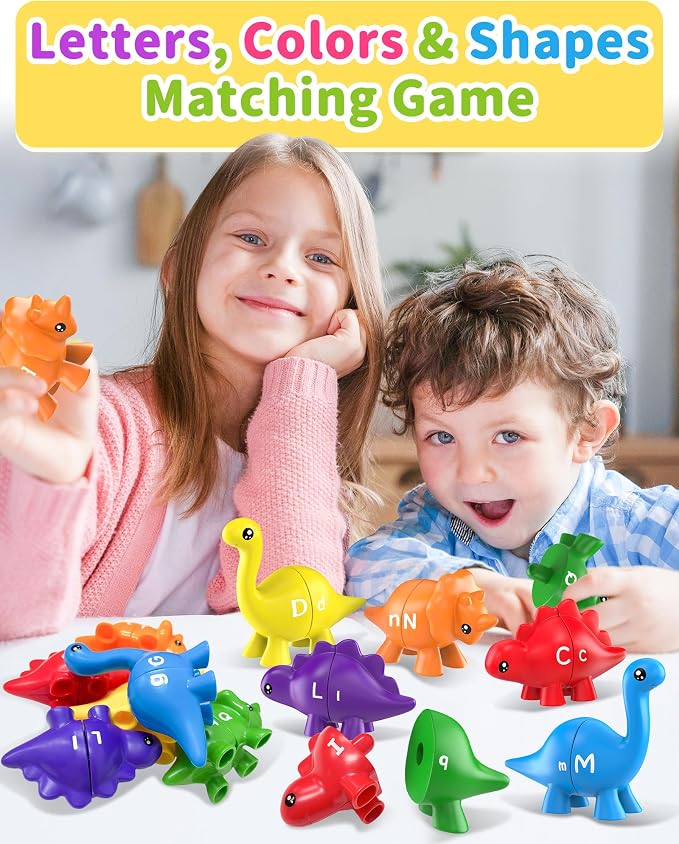 Walenty 26PCS Dinosaur Alphabet Learning Toys for Toddlers Kids 3-5 | Montessori Educational Toys Gifts for 3 4 5 Year Old Boy Girl, Preschool Travel Activities, Double Sided ABC Matching Game