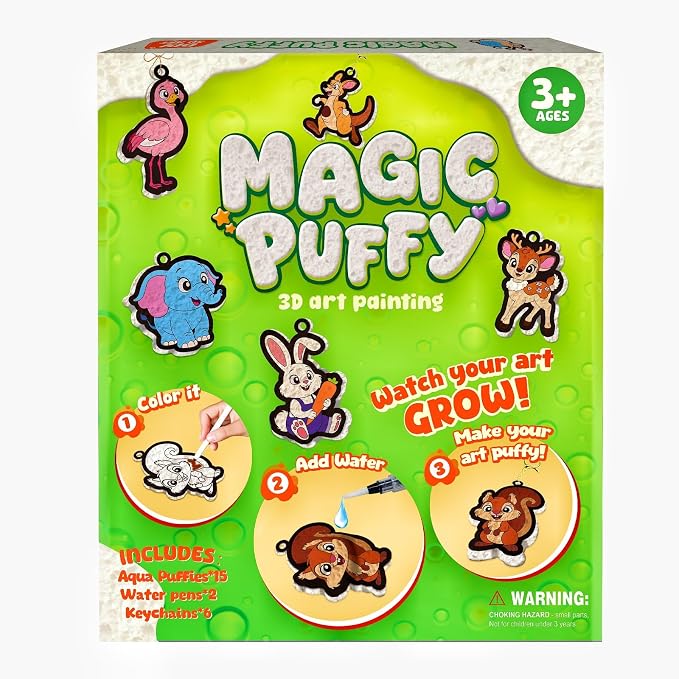 Artnedu Magic Puffy Paint 3D Art Kit - Animals,Mess-Free Color Activity | Paint By Number Craft Kits for Kids,DIY keychain,Travel Toys & Creative Gift for Ages 4, 5, 6, 7, 8, 9, 10