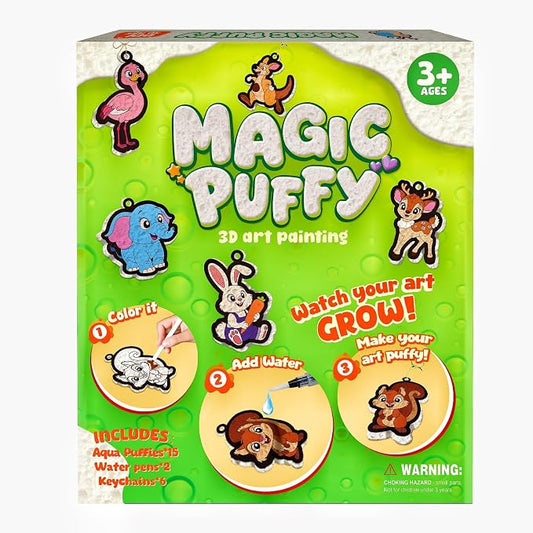 Artnedu Magic Puffy Paint 3D Art Kit - Animals,Mess-Free Color Activity | Paint By Number Craft Kits for Kids,DIY keychain,Travel Toys & Creative Gift for Ages 4, 5, 6, 7, 8, 9, 10
