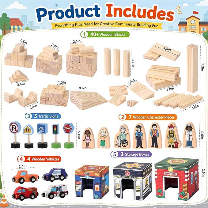 Atoylink Wooden Building Blocks for Toddlers 1-3, 108Pcs Sorting & Stacking Toys with Community Helpers & Magnetic Wooden Cars, Baby Nesting Boxes Preschool Montessori Toys for Boys Girls Gift