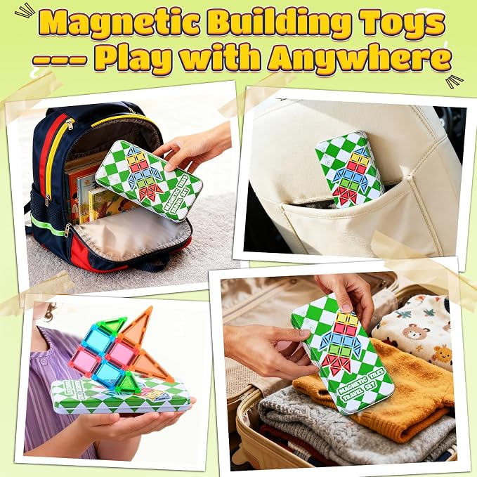 MAGBLOCK 30PCS Mini Magnetic Tiles with Portable Box for Kids 3+ | Travel Size Toys Magnetic Building Blocks Set, STEM Sensory Montessori Toys for Road Trip Essentials Airplane Car Activities