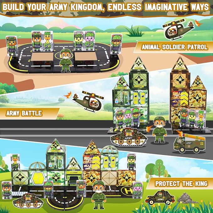 Magnetic Tiles Army Toys with Army Men Military Tank Plane Car, Magnet Tiles for Kids 3-5 4-8,Toy for Boys 4 5 6-8,Magnet Blocks Military Toys Action Figures Soldiers,Gifts for 3-12 Year Old Boys Kids