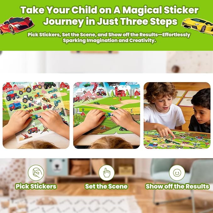 Elfew 6 Pack Car Sticker Books for Toddlers 2-4 3-5 | Over 190+ Stickers, 3D Reusable, Puffy Vehicle Stickers for Boys, Mess Free Activity Set, Road Trip Essentials Birthday Gift