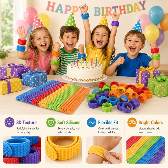 KLT 32 Pack Sensory Slap Bracelets Bulk | Textured Silicone, Stress Fidgets for Kids Adults Teens, Wearable Sensory Toys, Bulk Fidgets for Classroom Birthday Party