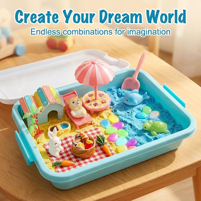Carolart Hamster Sensory Bin, Animal Play Set, Sand Box with Glow Stones | Rabbit and hamster pretend play sandbox, sensory sand activity, pet habitat toy, gift for kids ages 3-8