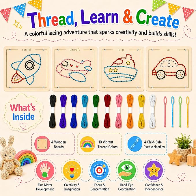 Montessori Wooden Lacing Toys for Toddlers and Kids Ages 2-4 5-7, Sewing Kit Fine Motor Skill Busy Board, Education Sensory Preschool Toy for 1 2 3 4 Year Olds, Birthday Gift for Boys and Girls