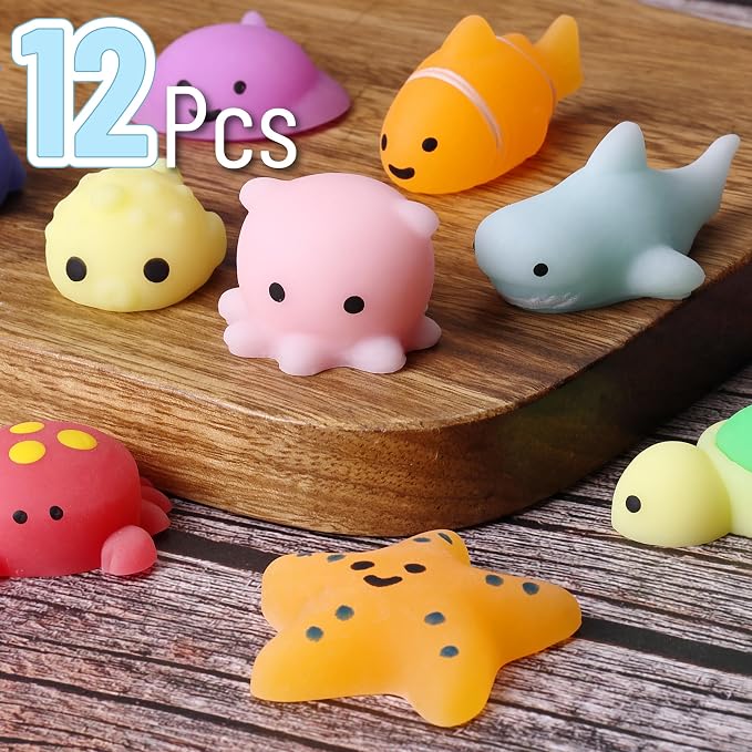 Mr. Pen- Sea Creature Squishy Toys, 12 Pack | Washable Twistable Stretchy Squishies, Soft Stress Relief Sensory Toys for Squeezing, Kids’ Gifts
