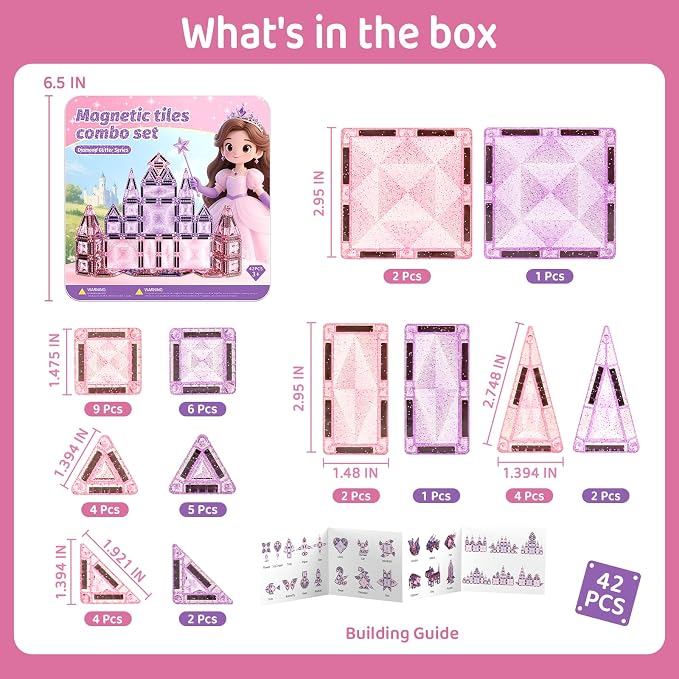 Magnetic Tiles Girls Travel Toy: 42 PCS Pink Glitter Castle Tin Box | 120 Mins Quiet Play & 60s Cleanup On the Go for Airplane Road Trips - Portable Safe Building Blocks Toddler Kids Gift Age 3-6