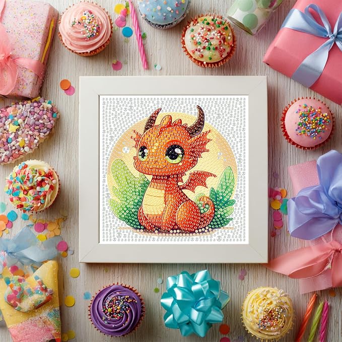 Gemozaic Dragon Diamond Art Kits for Kids Ages 4-8-12 with Frame, 7 x 7 in | Cute Dragon Diamond Art for Kids 10 12 Year Old, DIY Easy Kid Big Gem Painting, Animal Arts and Crafts for Girl Birthday Gift