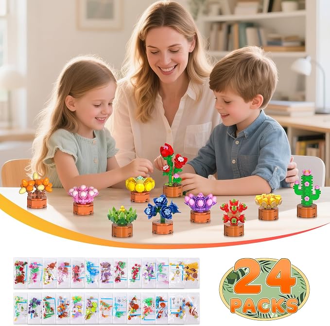 24 Pack Flowers Succulents Party Favors for Kids 6+ Mini Building Toys Sets | 1012PCS Botanical Bonsai 3.6mm Blocks for Classroom Prizes Goodie Bags Filler Stocking Stuffers, Birthday Gift for Girls Boys