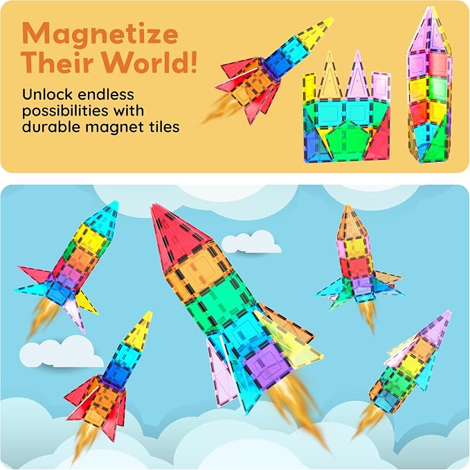 PicassoTiles Magnetic Building Block Rocket Booster Theme Set Magnet Construction Toy Educational Kit Engineering STEM Learning Playset Child Brain Development Stacking Blocks Playboard PT32