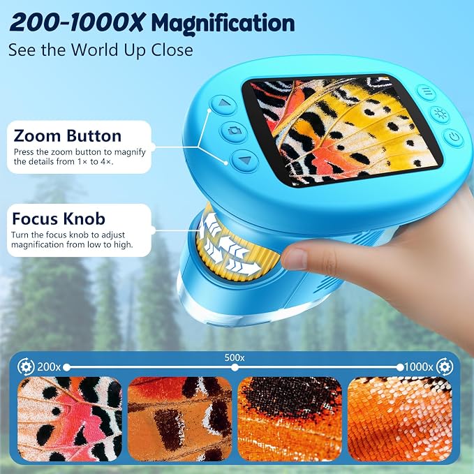 Odatay 4K 1000X Digital Microscope for Kids with 32G Card, Long Distance Viewing & 2.4" Screen Portable Handheld Edu Toys for Age 3-12 Exploring Bugs Plants at Home Classroom & Outdoor Travel, Blue