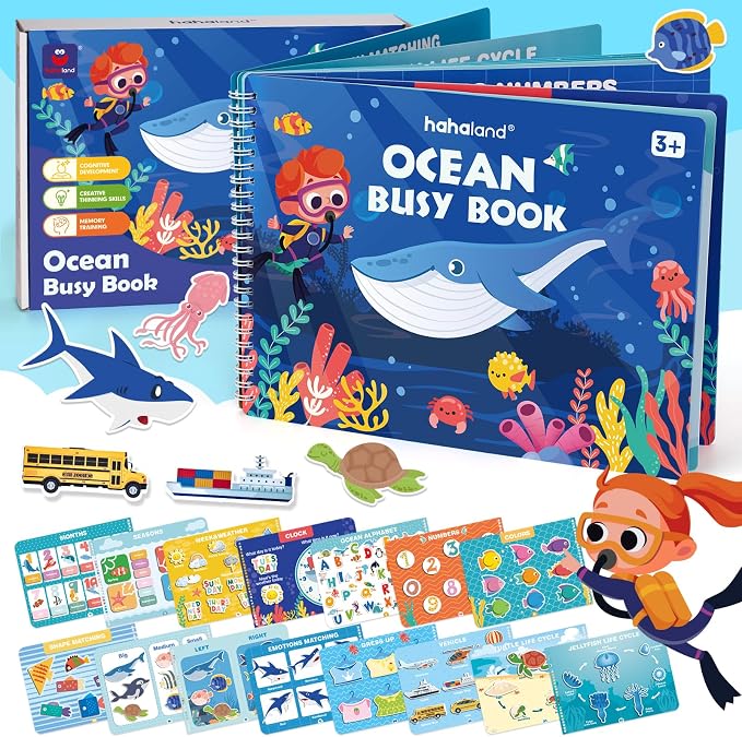 hahaland Busy Book for Toddlers 3-5, Preschool Learning Activities 27 Pages | Toddler Montessori Toys for 3 Year Old, 15 Educational Concepts, Learning Educational Travel Toys