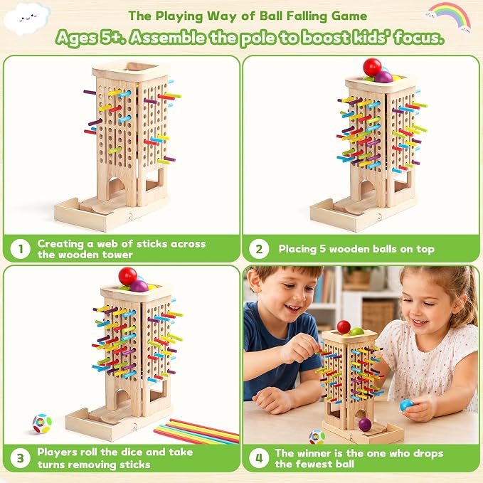 Montessori Toys for 3 Year Old, Fine Motor Skills Pick Up Sticks Ball Drop | Stacking Game, 40 Colorful Sticks & Dice, Educational Math Games, Interactive Family Game Night Gift for Kids 4 5 6 7 8