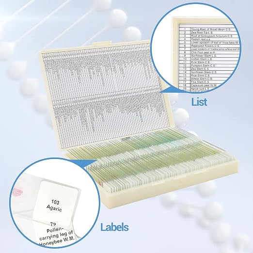 120 Microscope Slides with Specimens for Kids: Prepared Slides for Science | Prepared Microscope Glass Slides Kit for Kids 8-12, Biology Slides Set Gifts for Students Childs Lab School Education