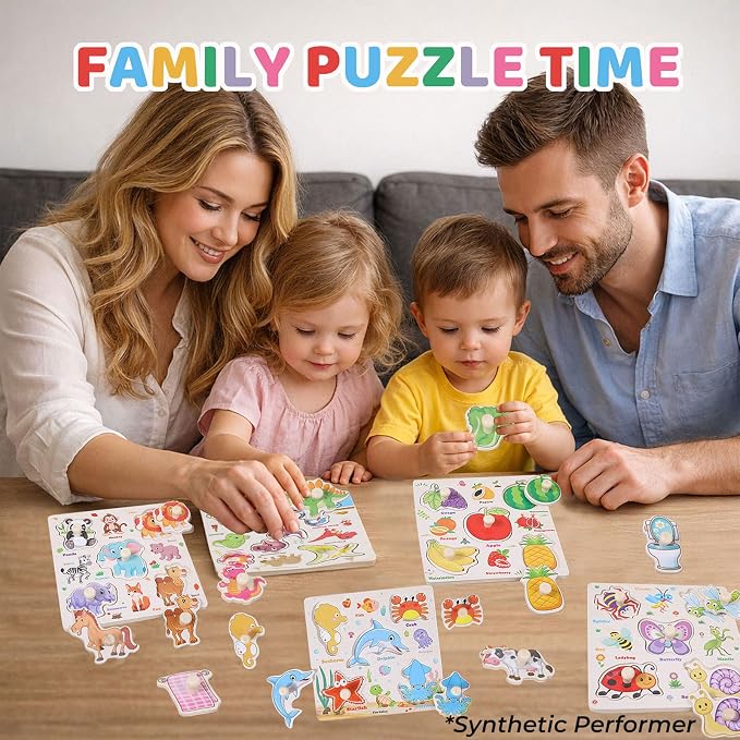 Wooden Puzzles for Toddlers 1-3, 8 Pack Peg Puzzles for Kids with Animals, Dinosaurs, Fruits, Vegetables, Educational Preschool Learning Toys, Birthday Gifts for Boys, Girls
