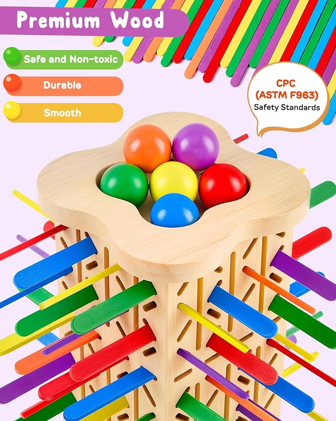 Montessori Wooden Board Game for Kids 3–8, Fine Motor Skills Toy 42 Strips | Color matching, 2 play modes, cognitive growth & family fun — CPC-certified rubberwood, safe gift for boys girls ages 3–8