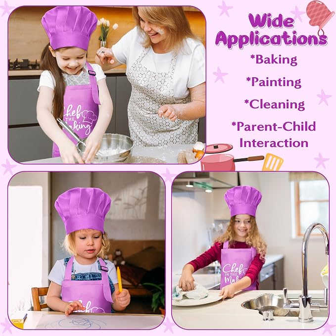 R HORSE Kid Apron and Chef Hat Set - 2Pcs Purple Adjustable Children Kitchen Toddler Apron with Pockets for Kids, Funny Dress up Pretend Play Toy Birthday Gift for Cooking Baking Painting