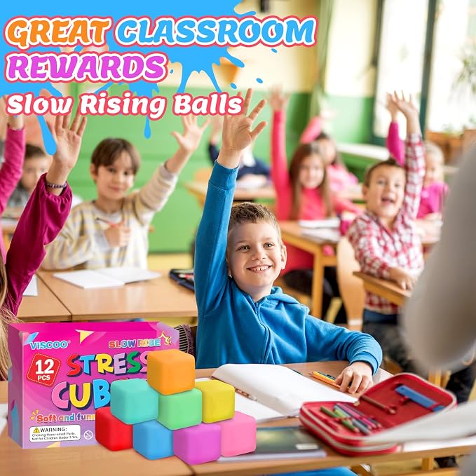VISCOO 12 Pack Slow Rising Stress Cube, Stress Balls Fidget Squishy Toys | Squeeze Toy for Anxiety Relief, Pull Stretch Squishy Ball for Classroom Prize, Party Favors for Kids Adults