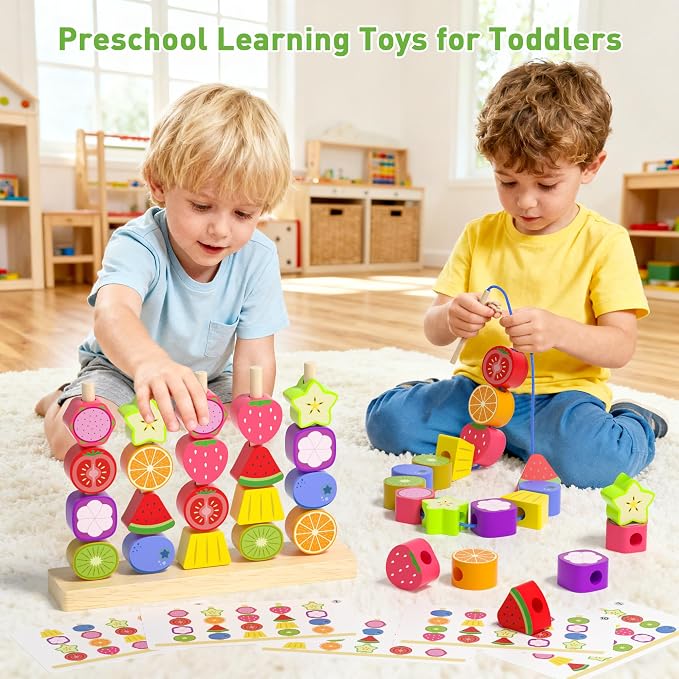 Melofaver Montessori Wooden Beads Stacking Toys, Shape Sorter for Ages 3-5 | Wooden Fruit Toddler Toys, Stacking Blocks & Lacing Beads & Shape Sorter, Preschool Learning Toys Gifts for Kids Boys Girls