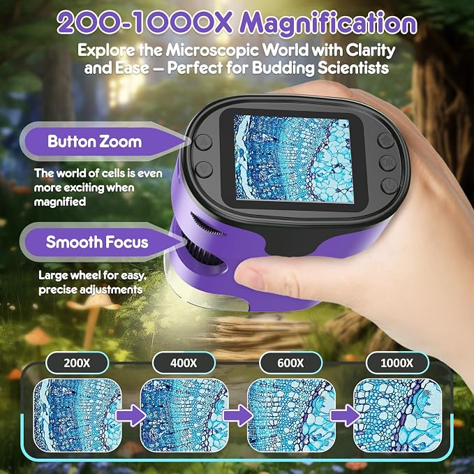 Kids Digital Microscope Science Gift: Complete STEM Toy Kit for Ages 4-12 | 32GB Card for Photos & Video / Custom EVA Case / Real Glass Slides / Upgraded 3mm Slide Slot / 2.5H Rechargeable Use