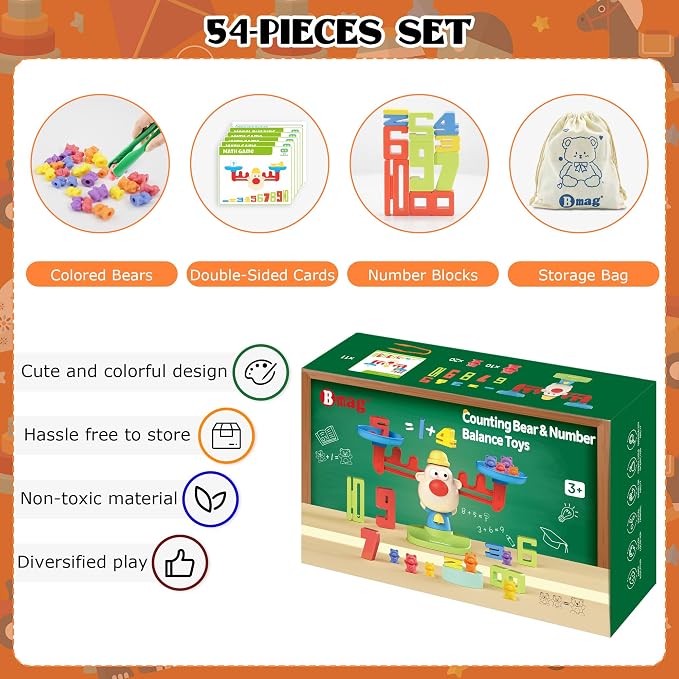 Bmag Balance Counting Toys with Bears Counting Scale for Kids – 3 in 1 Stacking & Balancing Math Game, Montessori STEM Learning Educational Toy for Ages 3-5, Gift (30 Bears, 10 Numberblocks)