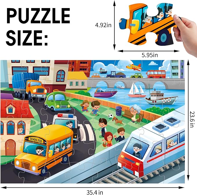 Jumbo Floor Puzzle for Kids,48 Piece City Traffic Jigsaw Puzzle Ages 3-8 | City Transportation,Extra-thick Cardboard,Preschool Learning Toy,35x24 in Completed,Ages 3-8,Birthday Gift for Boys and Girls
