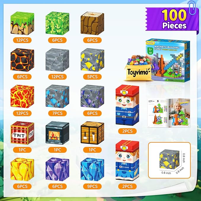 Toyvimo Magnetic Blocks 100PCS Kids Toys Magnetic Building Blocks Build Mine Magnet World Craft Cubes Boys Toys Ages 3-5 4-6 5-7 6-8, 3-12 Year Old Boy Birthday Gifts