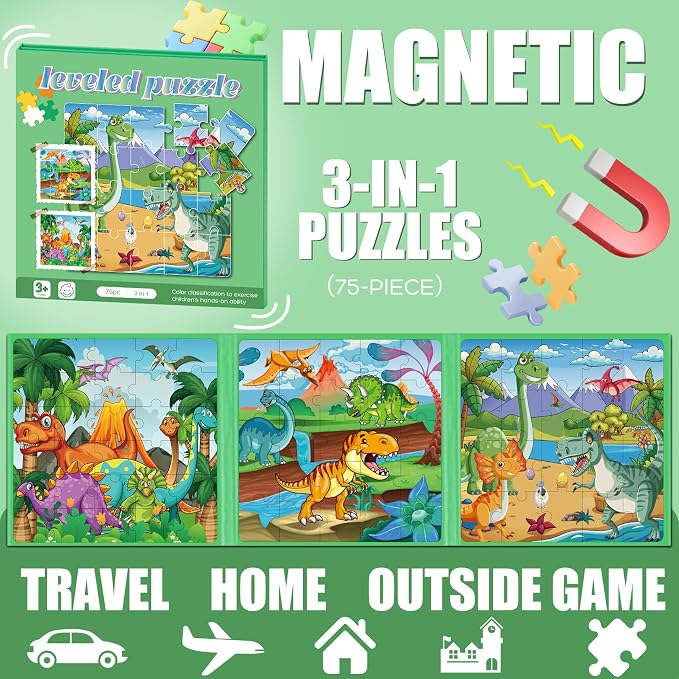Magnetic Puzzles for Toddlers 3-5 Dinosaur Puzzle Travel Toys for Kids | Jigsaw Puzzles for Kids 75-Pieces Travel Toys Dinosaur Puzzles Ages 4-6 Road Car Trip & Airplane