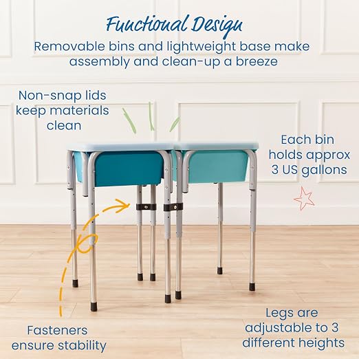 ECR4Kids 2-Station Sand and Water Adjustable Play Table, Sensory Bins, Seafoam/Turquoise | Durable plastic/steel, GREENGUARD Gold Certified, 3-5 years, 80 lb capacity, adjustable legs, easy-lift lids, indoor/outdoor