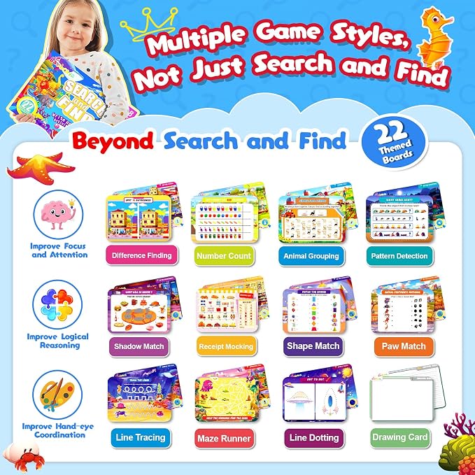 Baobrava Search and Find Game Books, Preschool Learning Activities for Kids | Flash Cards, Travel Games Toys for Road Trip Car Airplane, Educational Seek Activity Birthday Gifts for Boys Girls Age 3-8