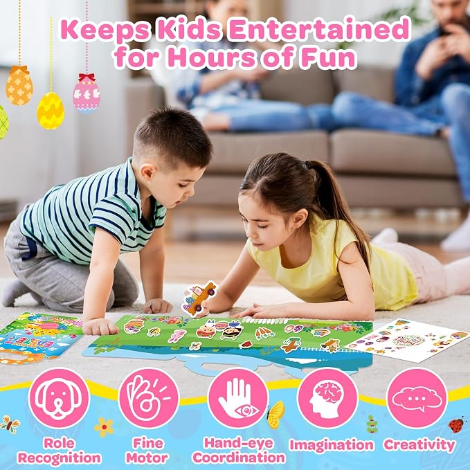2 Pack Easter Reusable Sticker Books for Kids 2-4, Activities Books for Toddlers 1-3, Arts and Crafts Removable Jelly Stickers for Girls Boys, Travel Toys Holiday Gifts Easter Basket Stuffers